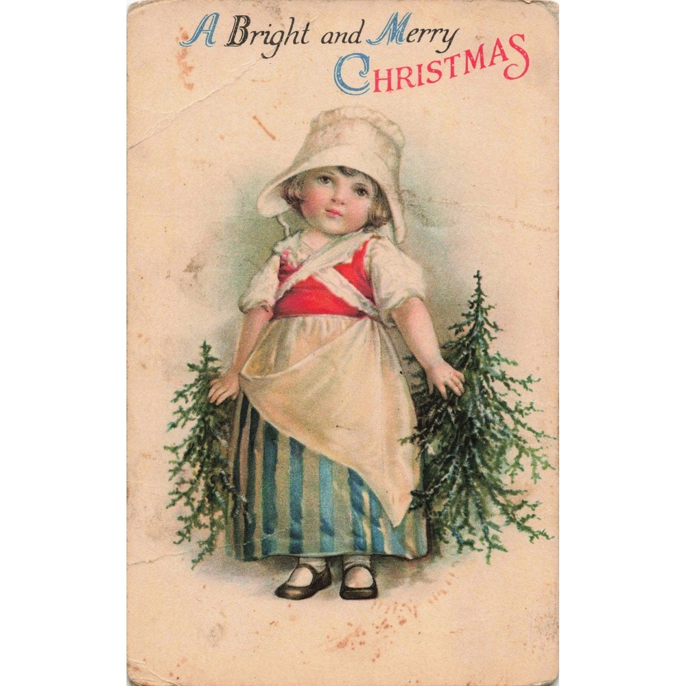 Christmas Postcard Wolf & Co Dutch Girl Evergreen Trees Divided Back 1910s